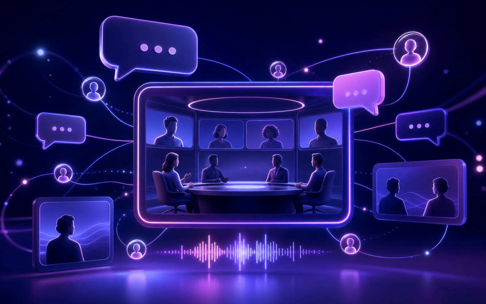 Reunión virtual 3D conectada con chat y videollamadas empresariales